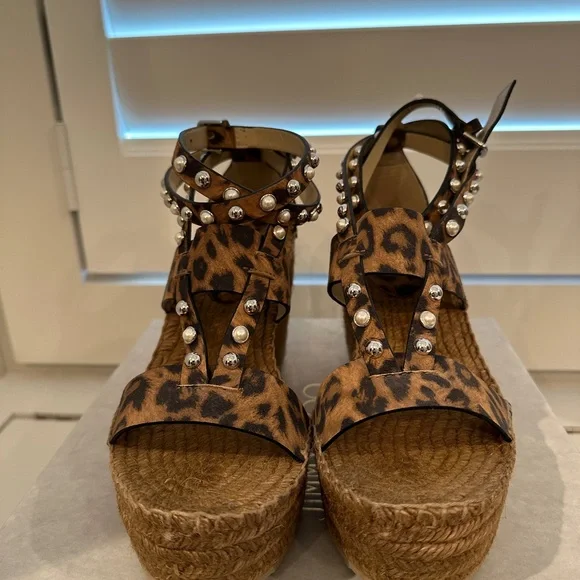 Jimmy Choo DANICA 110 Leopard Print Suede w/ Pearls and Studs Wedges 38